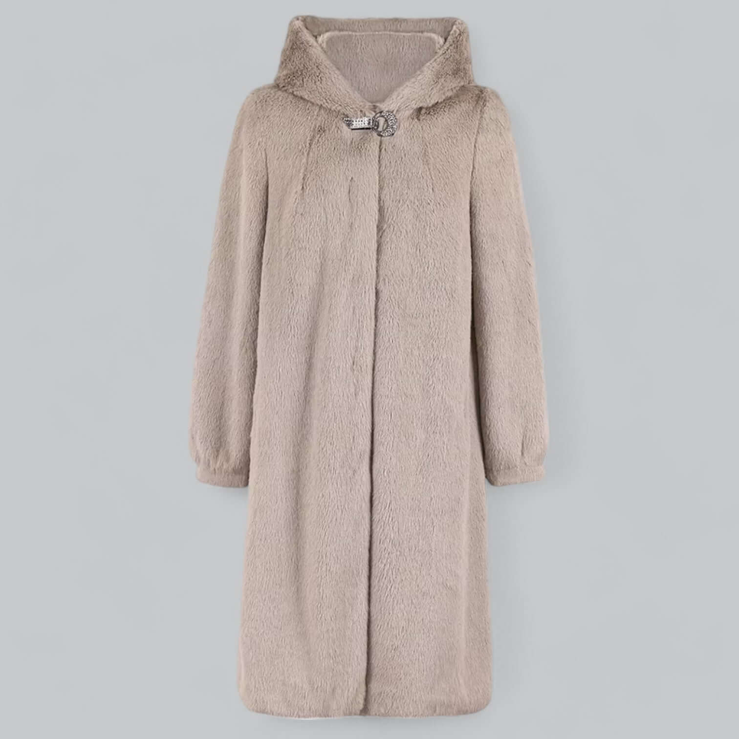 Women's Coat of Faux Fur – Elegant Fit – Knee-Length – With Hood and Closure