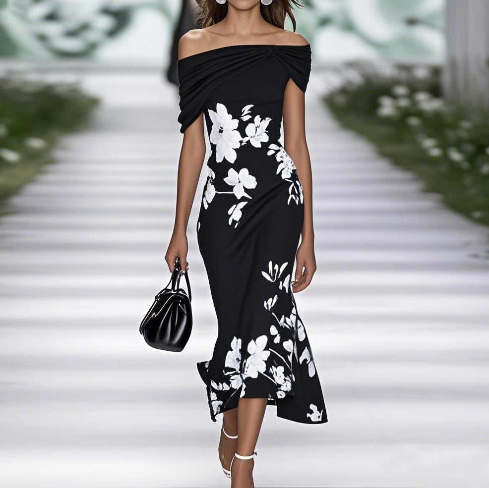 Women's Midi Dress – Off Shoulder – Figure-hugging – Floral Print – Breathable Material