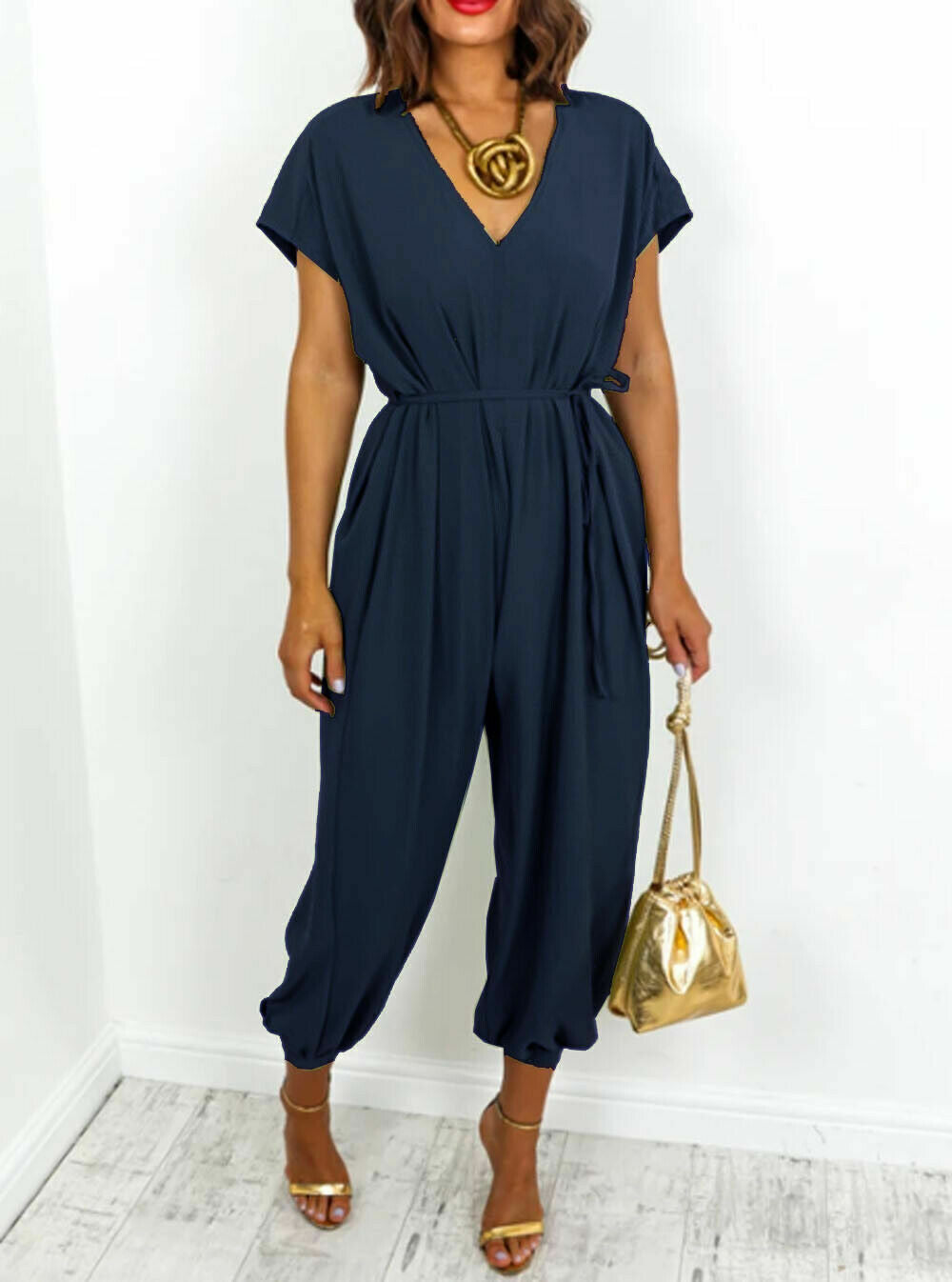Dames Jumpsuit – V-hals – Korte Mouwen – Elastische Taille – Cuffed Pijpen
