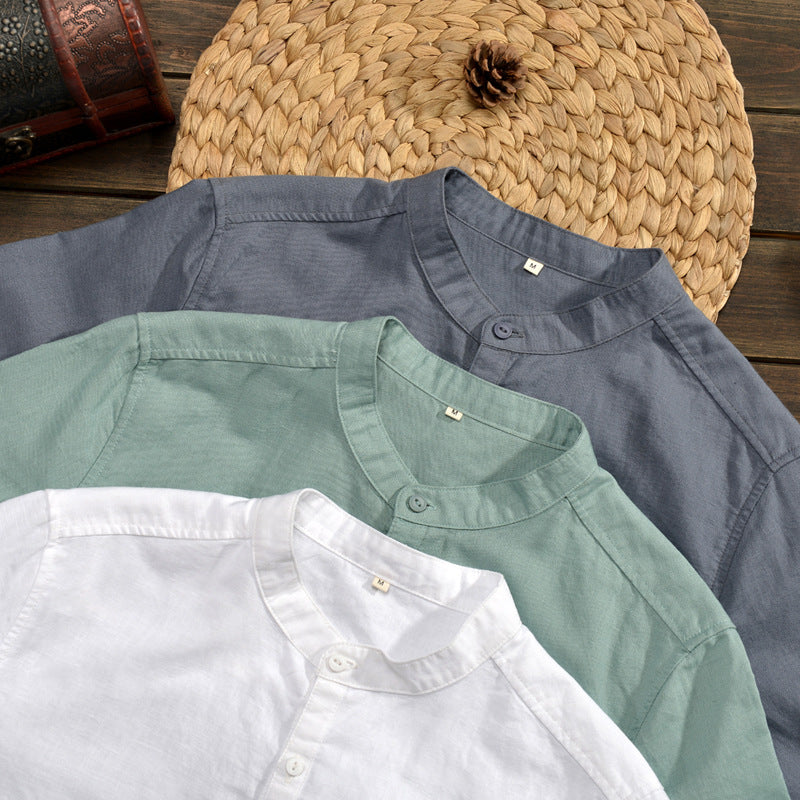 Men's Shirt – Linen Mix – Relaxed Fit – Half-Length Sleeve – Mandarin Collar