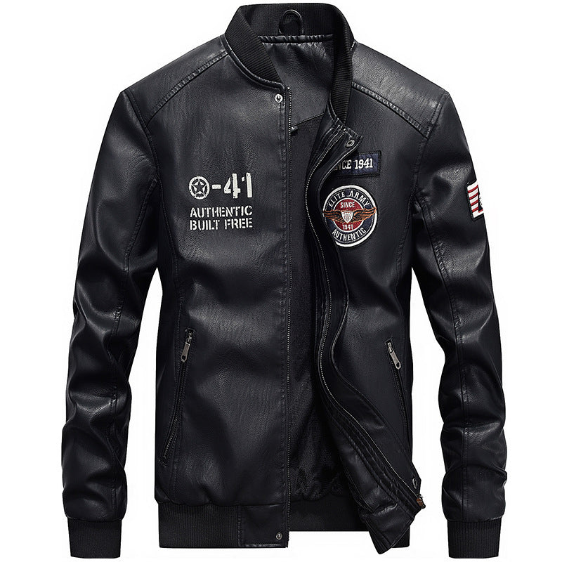 Men's Leather Jacket – Slim Fit – Embroidered Patches – Baseball Collar – Zip Pockets