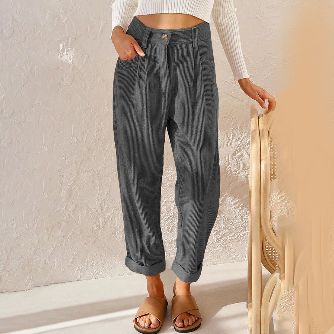 Women's Trousers - High Waist - Fitted with Pleat - Tapered Fit - Ribbed Comfort Design