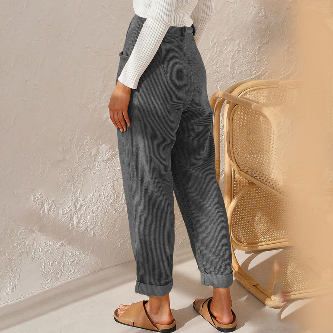 Women's Trousers - High Waist - Fitted with Pleat - Tapered Fit - Ribbed Comfort Design