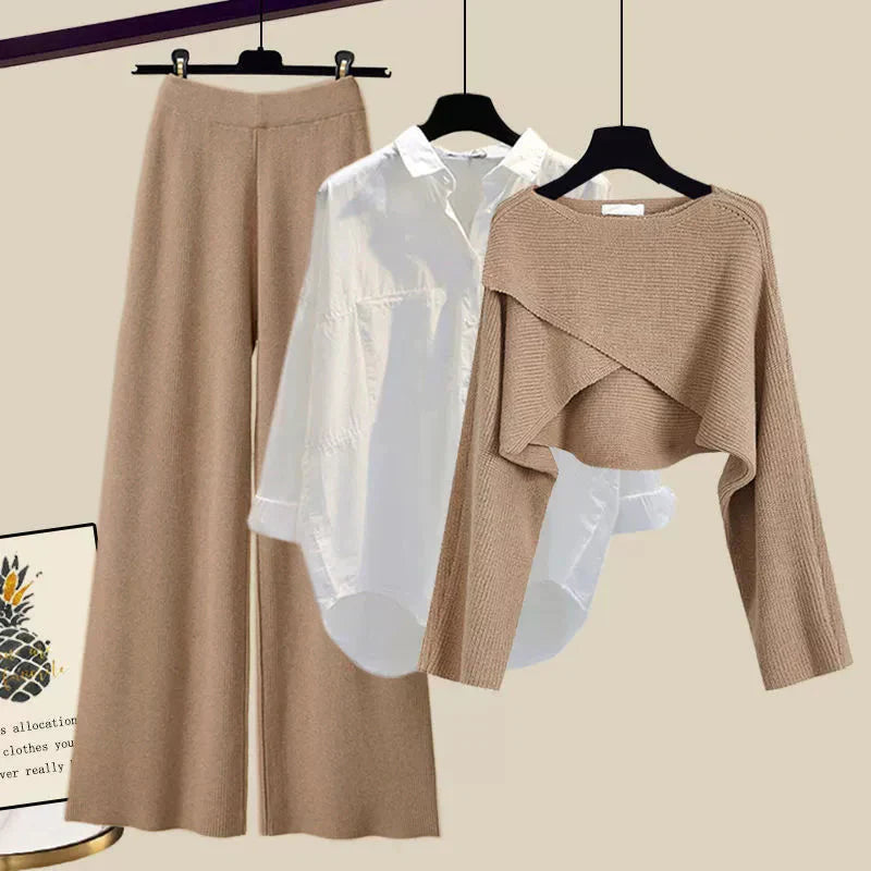 Dames 3-Delige Set – Blouse & Cropped Trui – High Waist Losse Pantalon – Comfort Fit