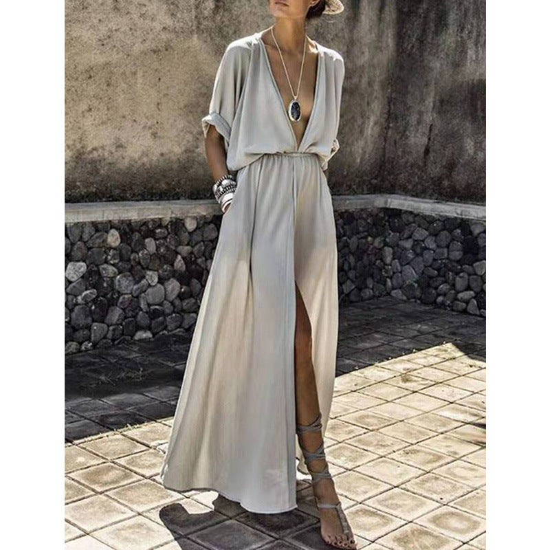 Women's Maxi Dress – Relaxed Fit – Deep V-Neck – Front Split – Airy Fabric – Three-Quarter Sleeves