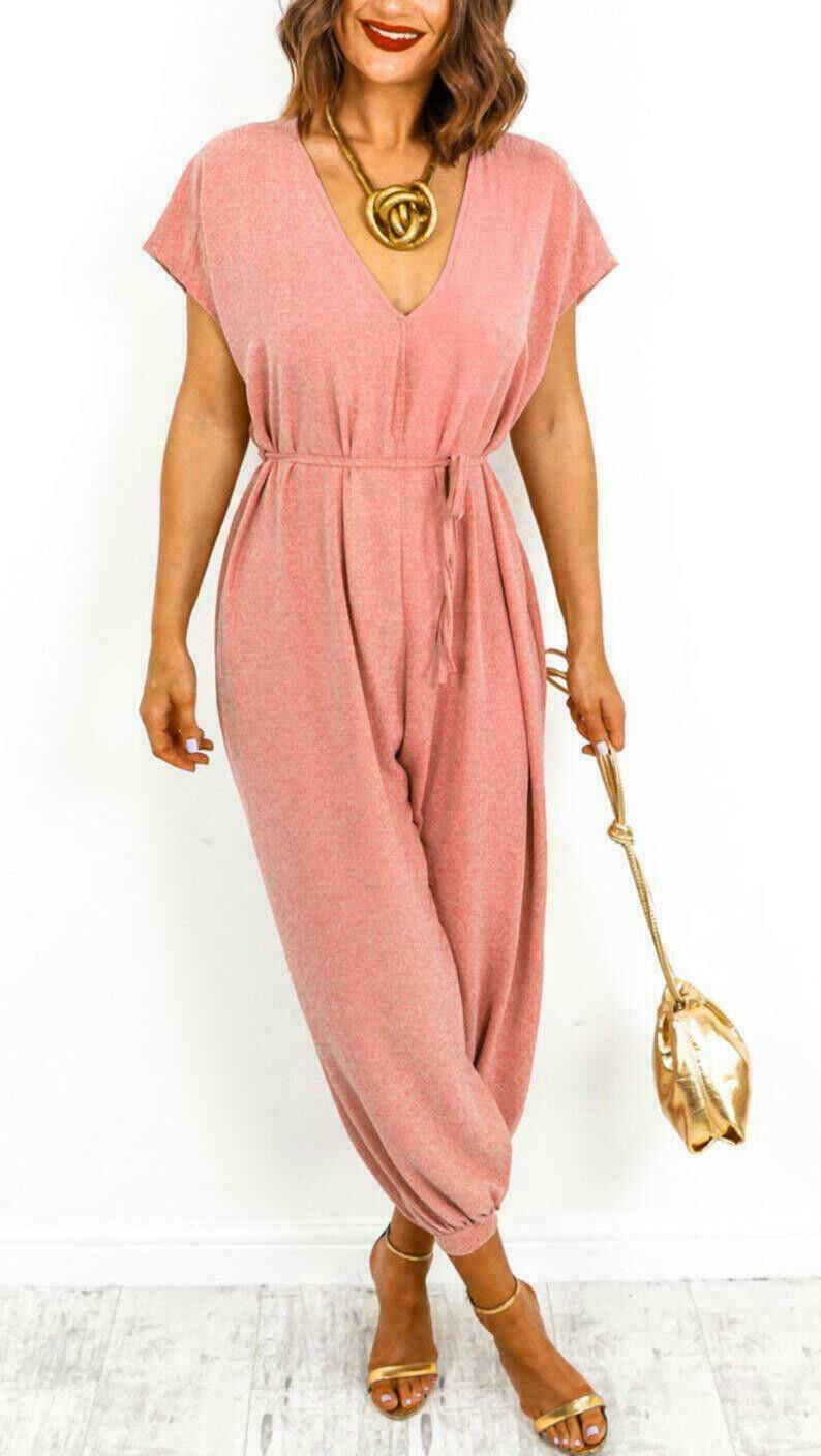 Dames Jumpsuit – V-hals – Korte Mouwen – Elastische Taille – Cuffed Pijpen
