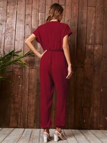 Dames Jumpsuit – V-hals – Korte Mouwen – Elastische Taille – Cuffed Pijpen