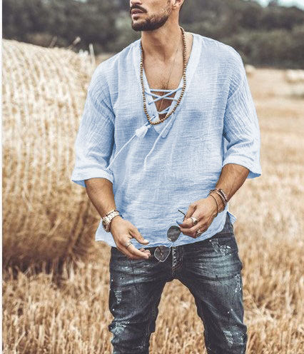 Men's Shirt – Relaxed Fit – Breathable Natural Textile – V-Neck with Lace-Up Closure – 3/4 Sleeve