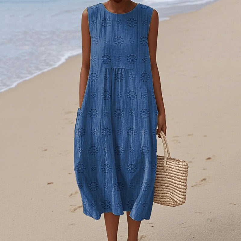 Ladies midi dress – Loose fit – A-line – Naturally breathable – Floral print – Pockets