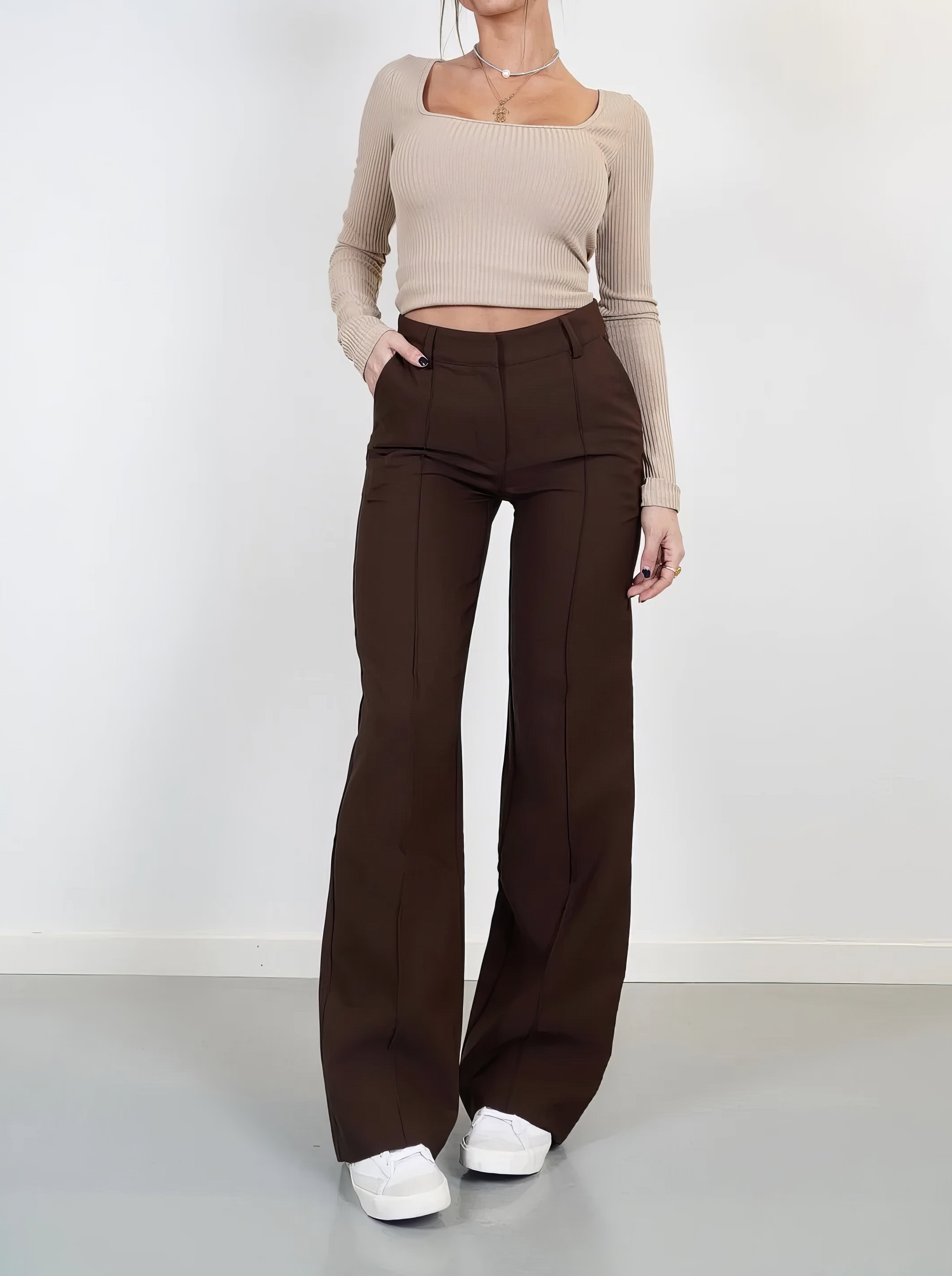 Women's Trousers - High Waist - Wide Legs - With Pockets - Elegant Fit