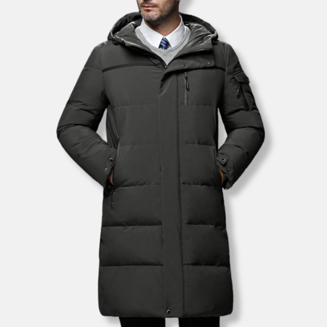 Men's Long Coat – Water-repellent – Lined Puffer Design – Adjustable Cuffs – Hood