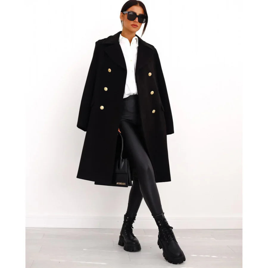 Women's Long Coat – Wool Blend – Tailored Fit – Double-Breasted with Wide Lapels