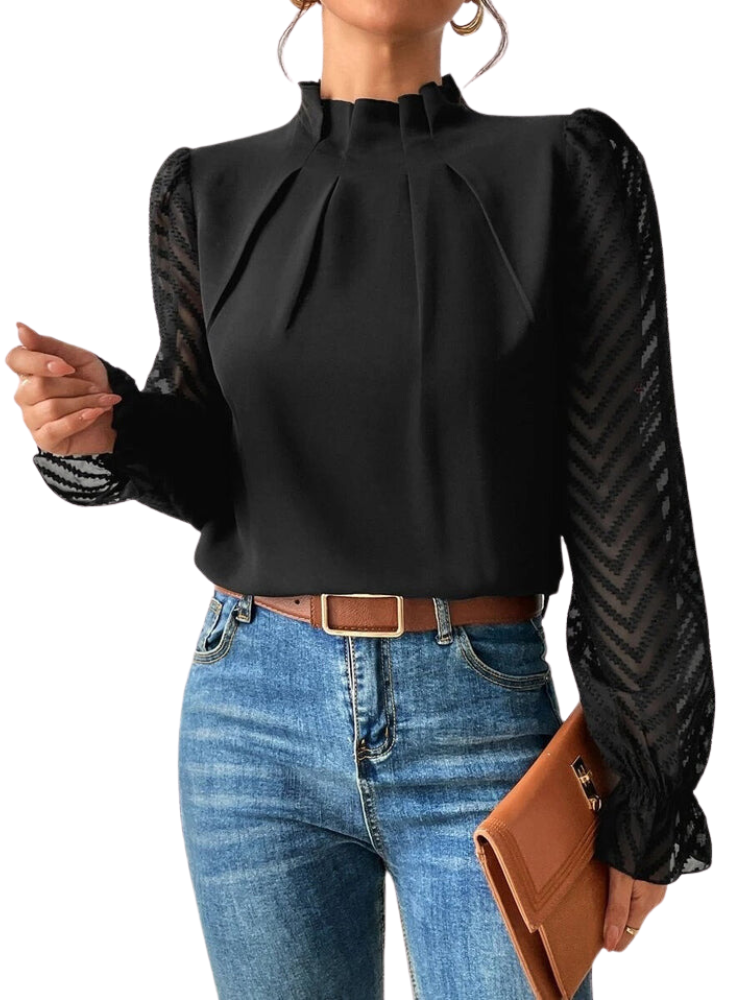 Dames Blouse - Hoge Rufflekraag - Plissé Voorzijde - Transparante Chevron Mouwen
