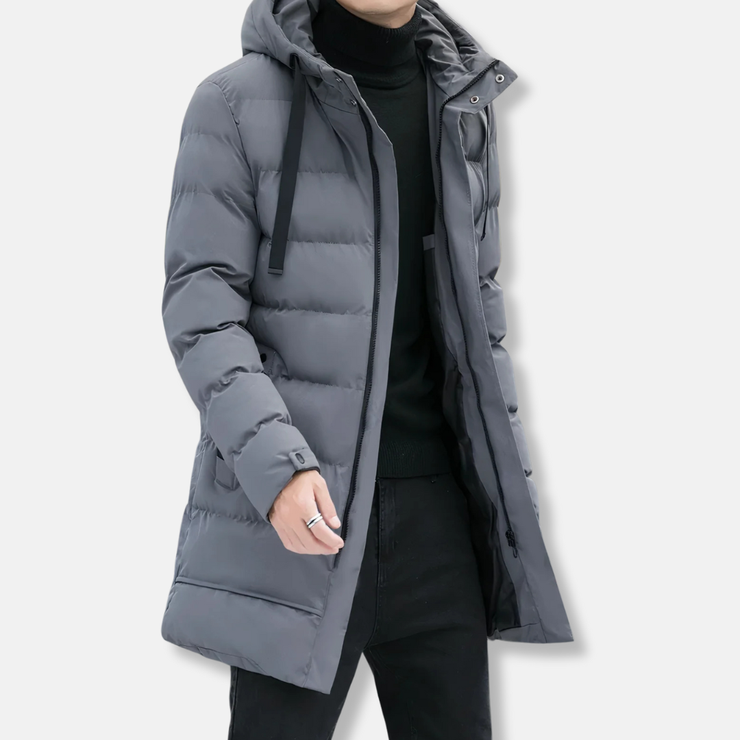 Men's Winter Jacket – Padded and Insulated – Regular Fit – Long Model with Hood