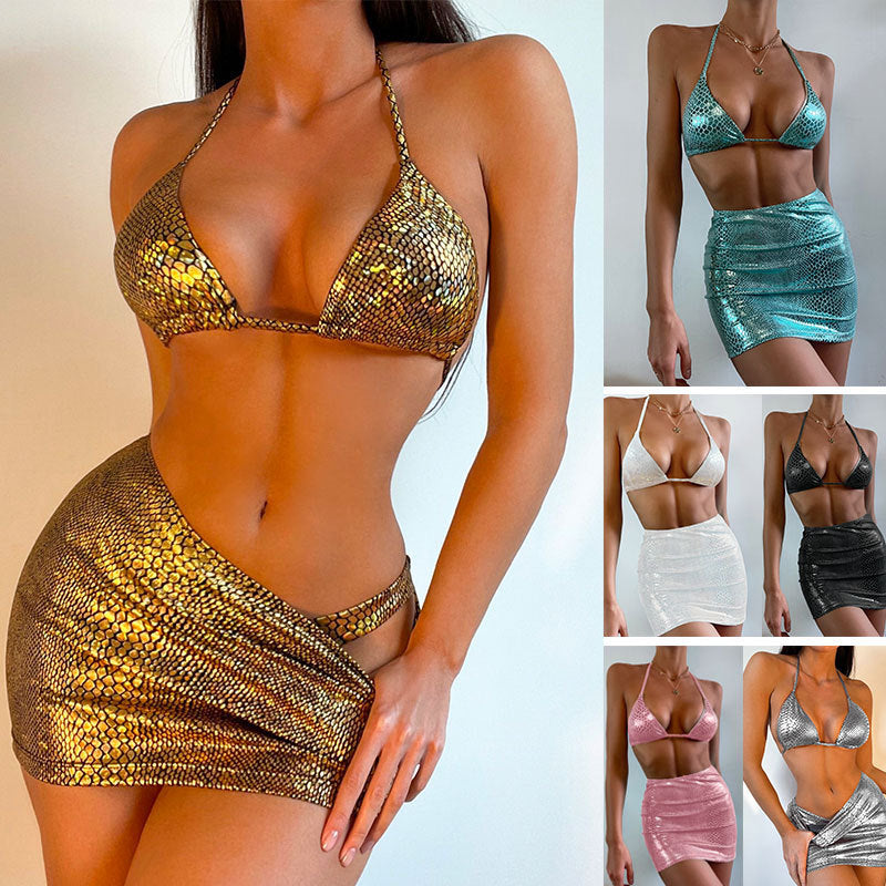 Women's Bikini Set – Halter Top – Mini Skirt – Snake Print – Cut-Out – Bodycon Fit