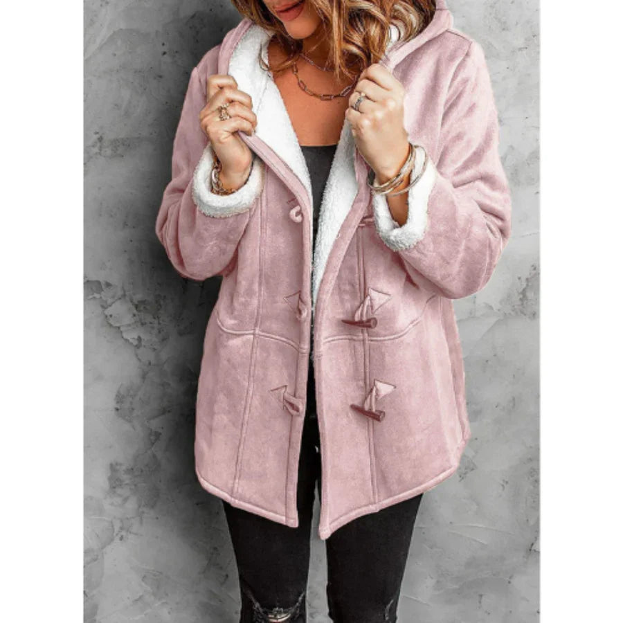 Women's Coat with Hood – Suede Look – Fleece Lining – Relaxed Fit – Mid-Length