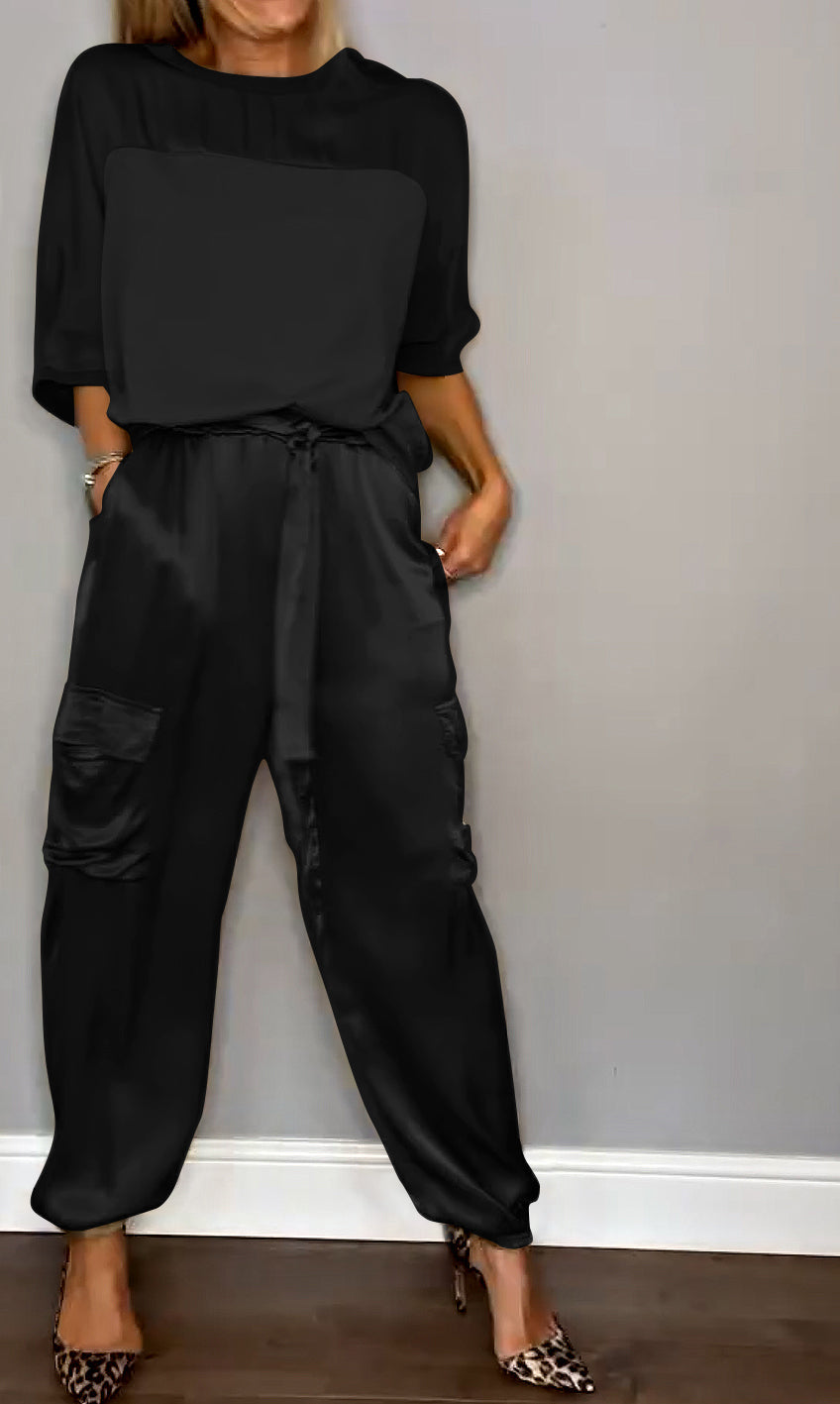 Dames Tweedelige Set – Satijnen Cargo Broek – Losvallende Top – Comfort Fit