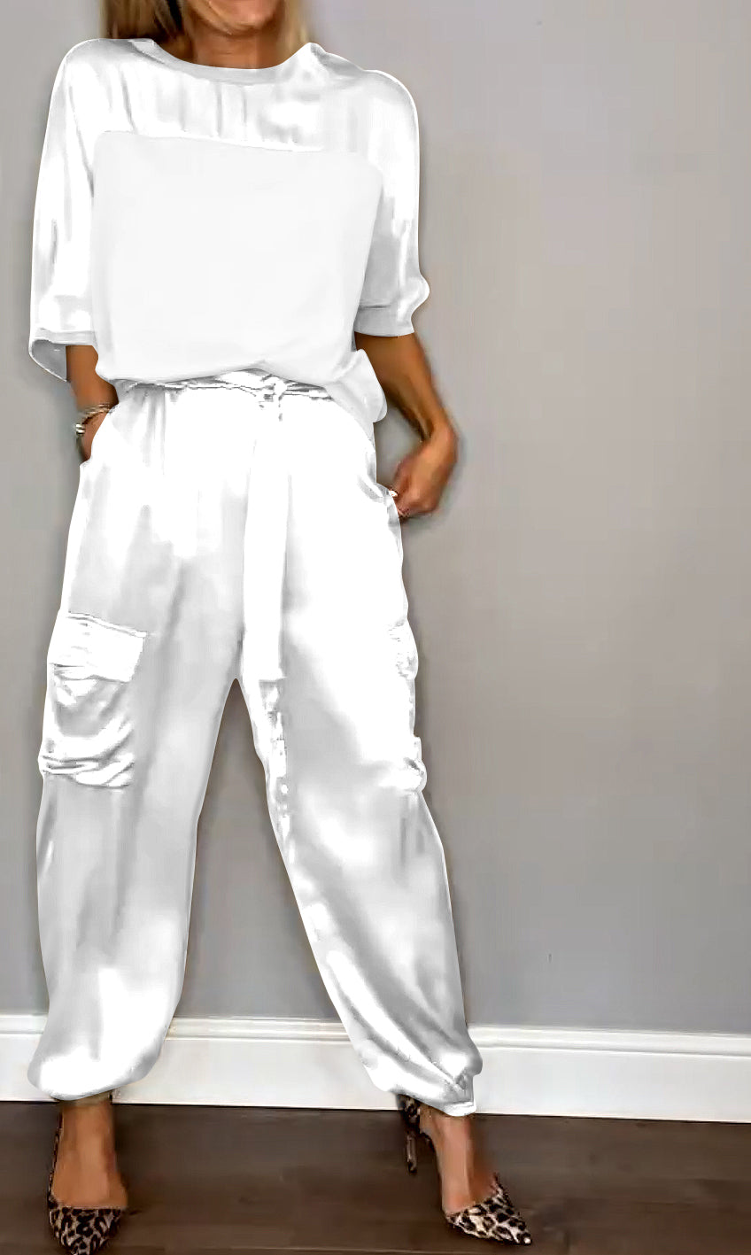 Dames Tweedelige Set – Satijnen Cargo Broek – Losvallende Top – Comfort Fit