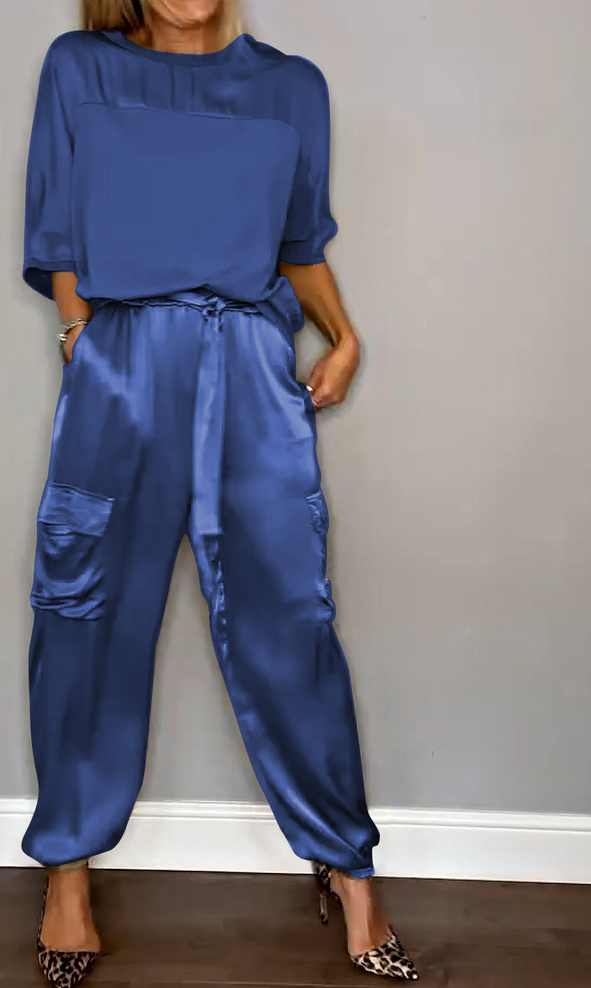 Dames Tweedelige Set – Satijnen Cargo Broek – Losvallende Top – Comfort Fit