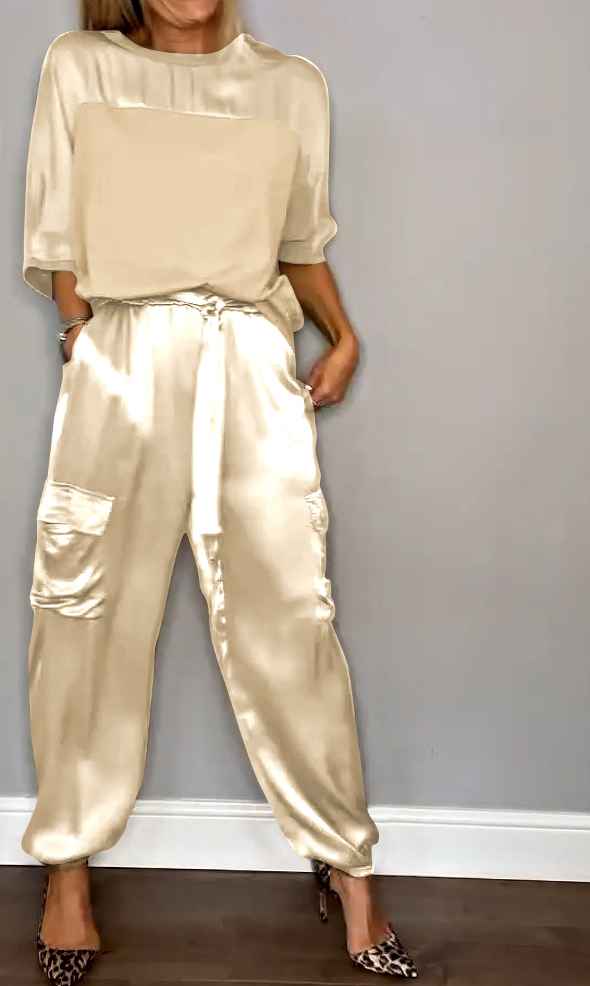 Dames Tweedelige Set – Satijnen Cargo Broek – Losvallende Top – Comfort Fit