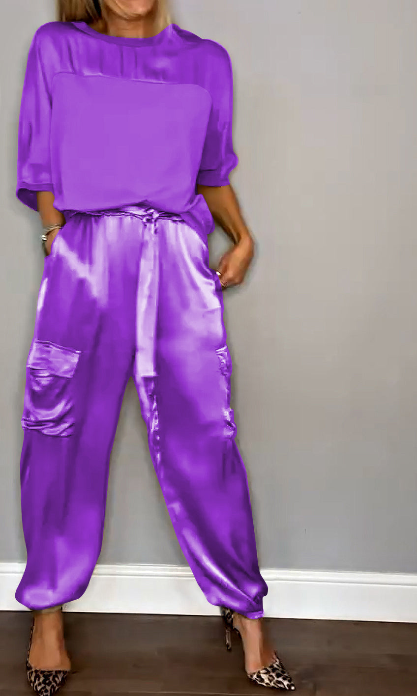 Dames Tweedelige Set – Satijnen Cargo Broek – Losvallende Top – Comfort Fit