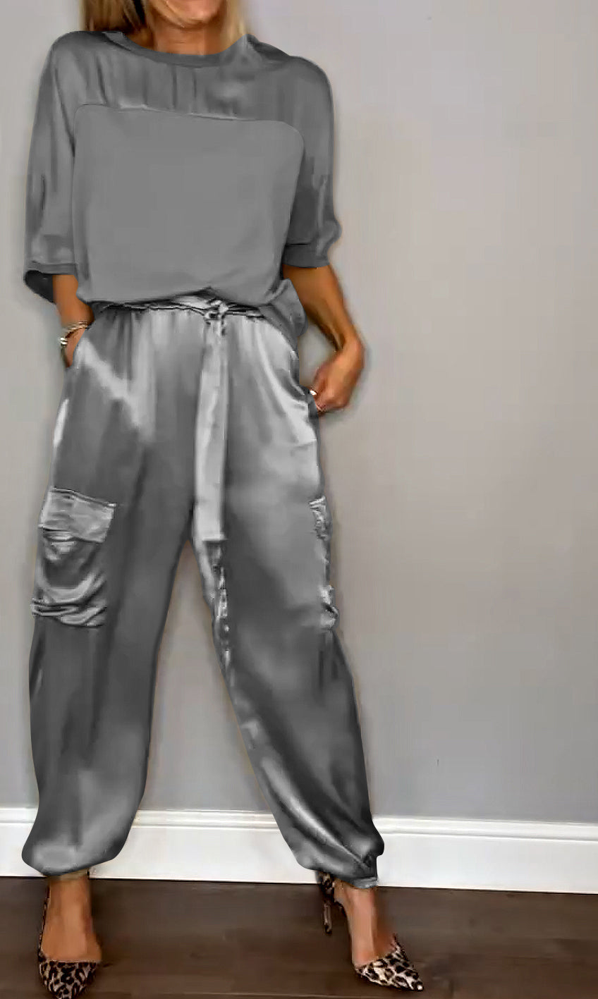 Dames Tweedelige Set – Satijnen Cargo Broek – Losvallende Top – Comfort Fit