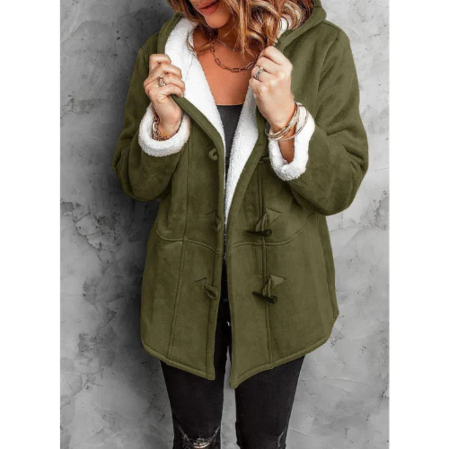 Women's Coat with Hood – Suede Look – Fleece Lining – Relaxed Fit – Mid-Length
