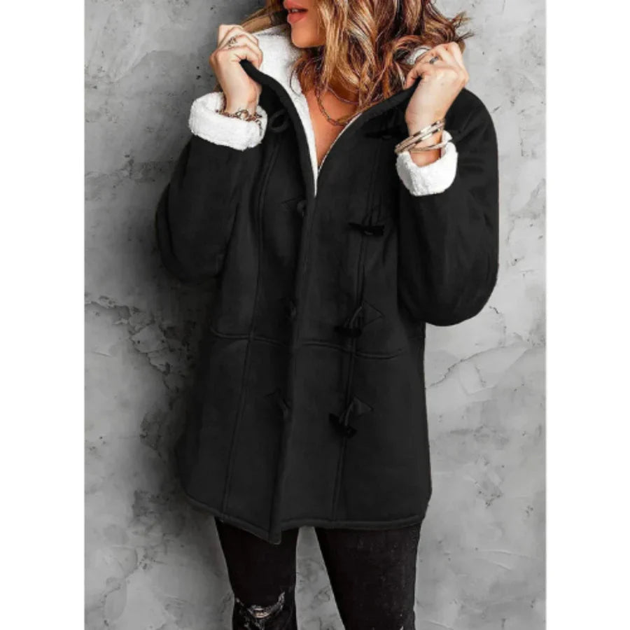Women's Coat with Hood – Suede Look – Fleece Lining – Relaxed Fit – Mid-Length