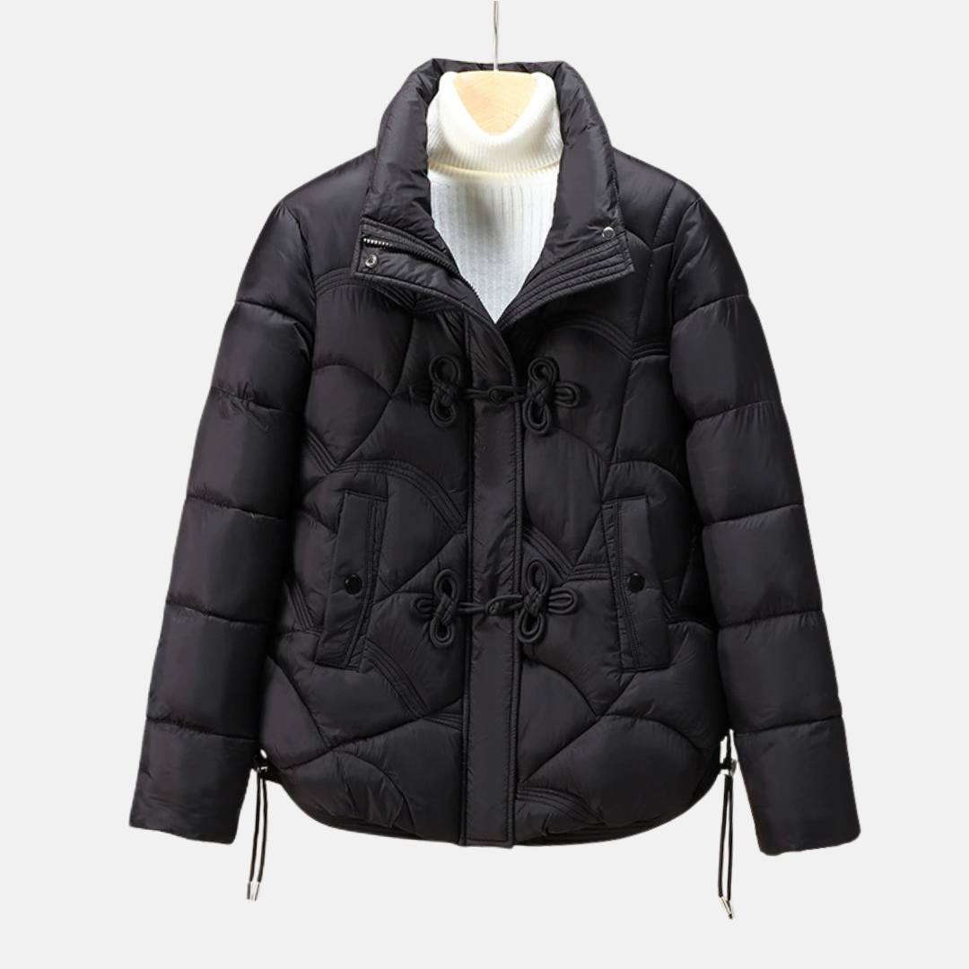 Women's Puffer Jacket – Short Model – Geometrically Quilted – Frog Buttons – Adjustable Hem