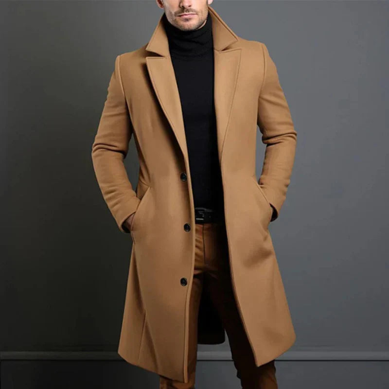 Heren Wool Mantel – Tailored Fit – Volledige Lengte – Klassieke Revers – Elegant Model