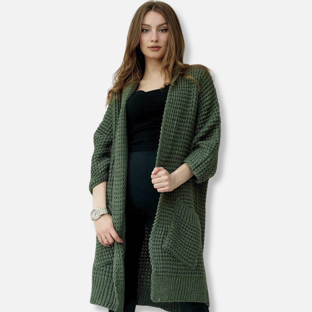 Women's Knitted Jacket – Oversized Fit – Open Front – Ribbed Edges – Large Pockets