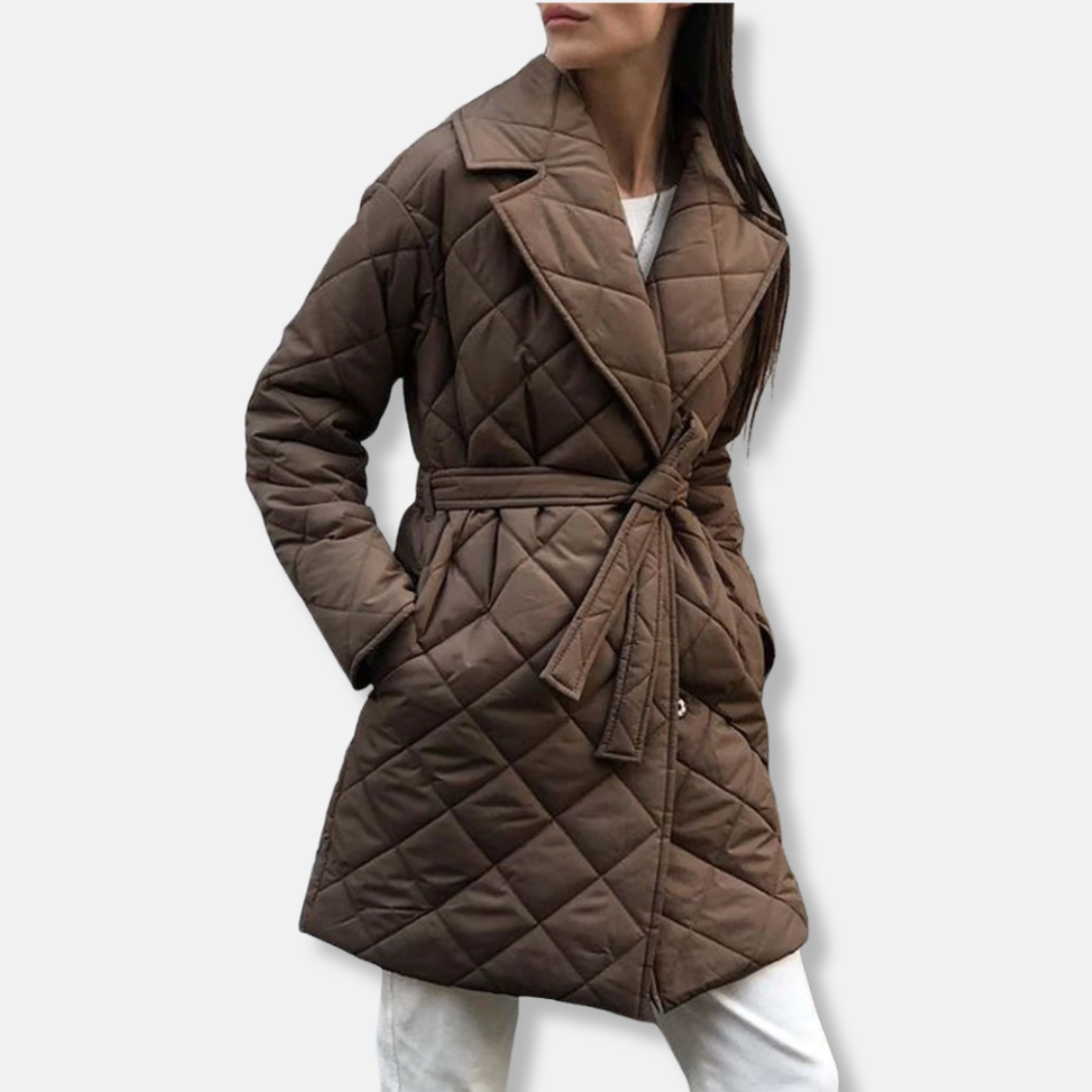 Women's Padded Jacket – Mid-Length – Tailored Fit – Belt – Notched Lapel