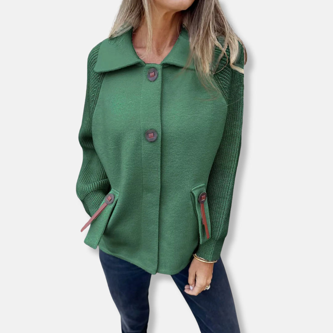 Women's Coat – Relaxed Fit – Knitted Sleeves – Notched Collar – Button Closure – Flap Pockets