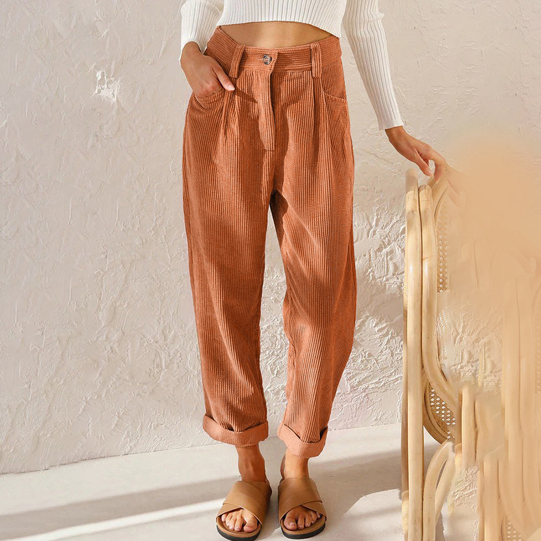 Women's Trousers - High Waist - Fitted with Pleat - Tapered Fit - Ribbed Comfort Design