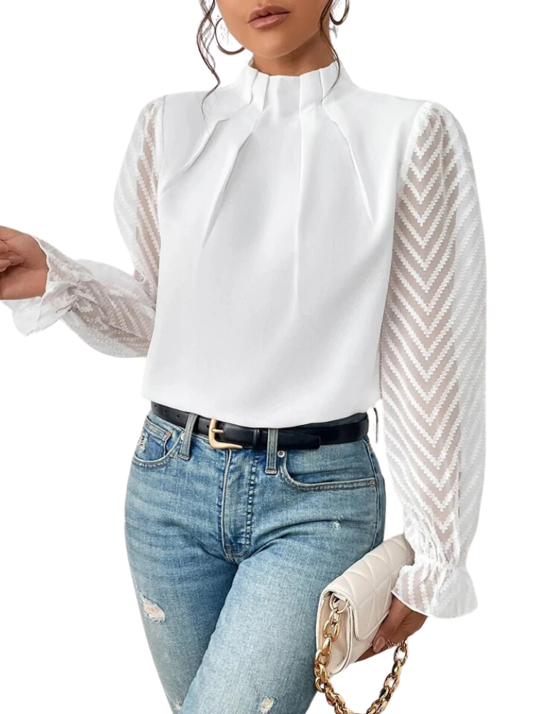 Dames Blouse - Hoge Rufflekraag - Plissé Voorzijde - Transparante Chevron Mouwen