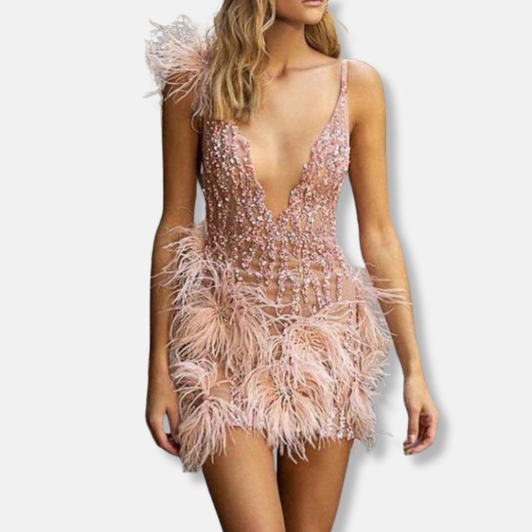Women's Cocktail Dress – Slim Fit – Mini Length – V-Neck – Sequins and Feathers