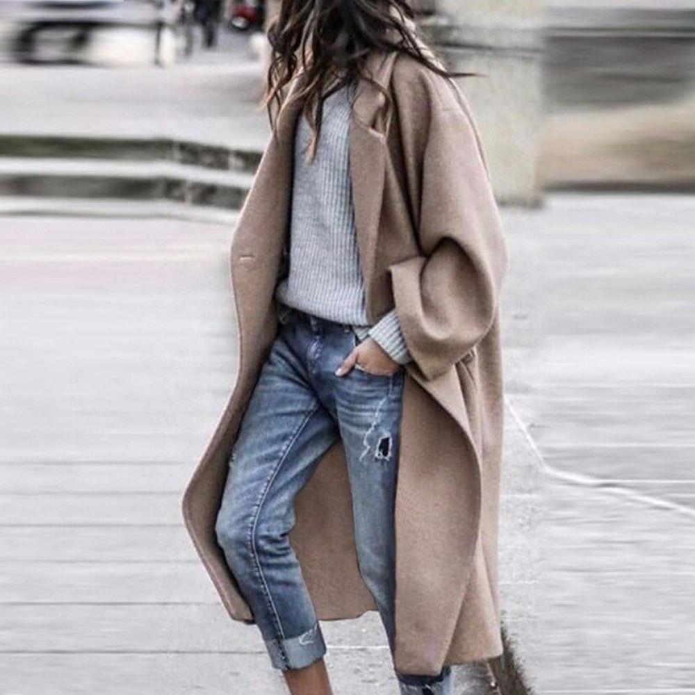 Women's Long Coat – Wool Mix – Oversized Fit – Open Front – Casual Look