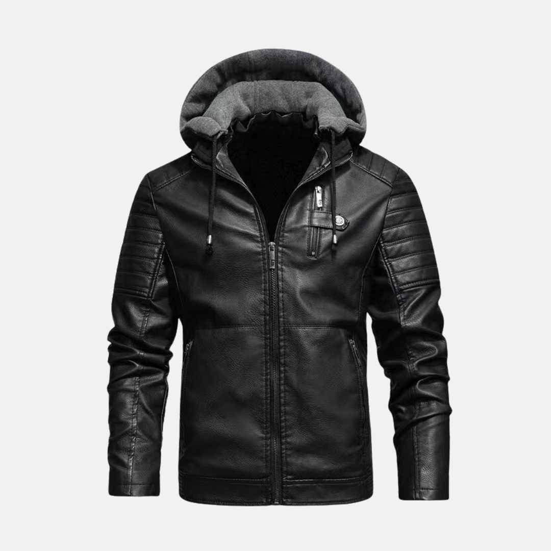 Men's Faux Leather Jacket – Slim Fit – Padded Shoulders – Hood – Zipper Closure