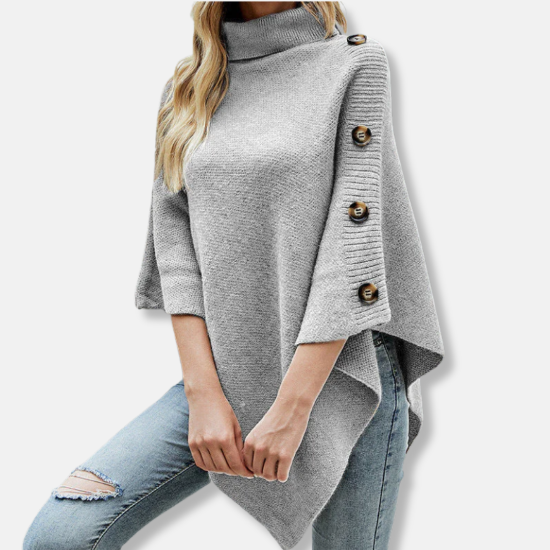 Women's Poncho – Knitted Wool – Oversized Fit – High Collar – Asymmetrical Hem