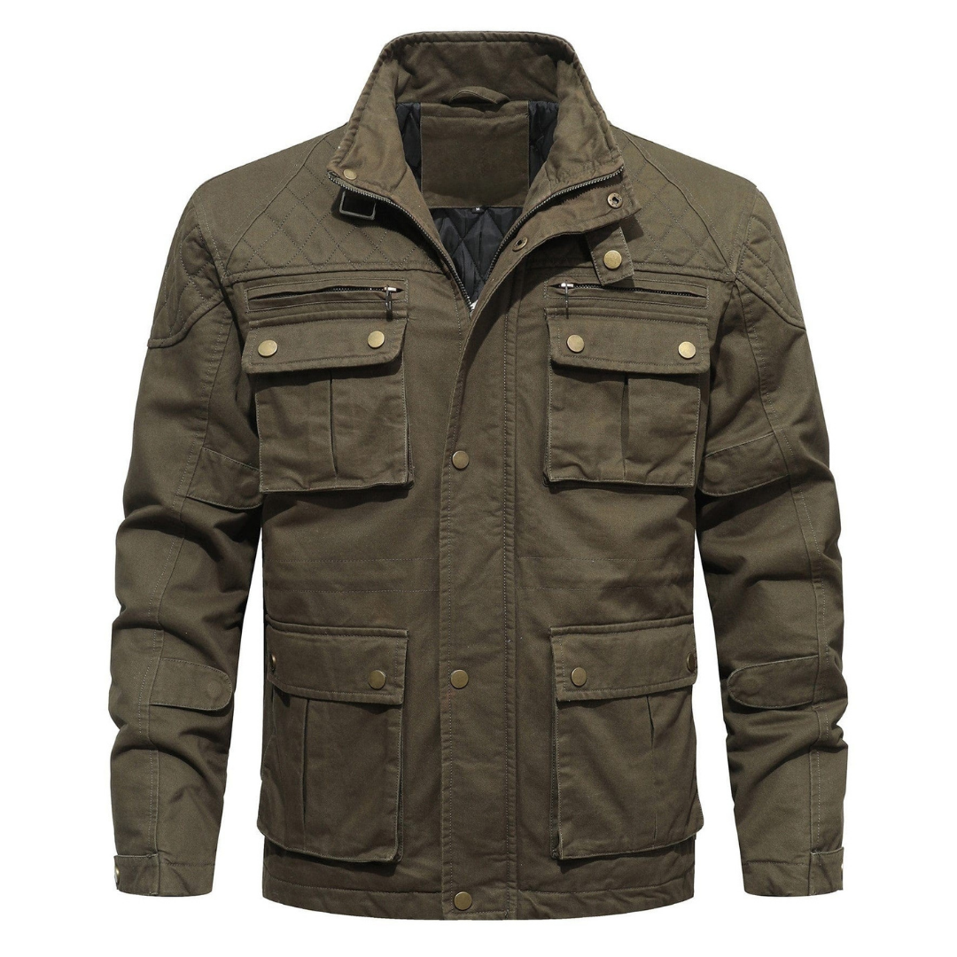 Oliver Quilted Multi-Pocket Field Jacket | Stand Collar Snap Button Field Jacket