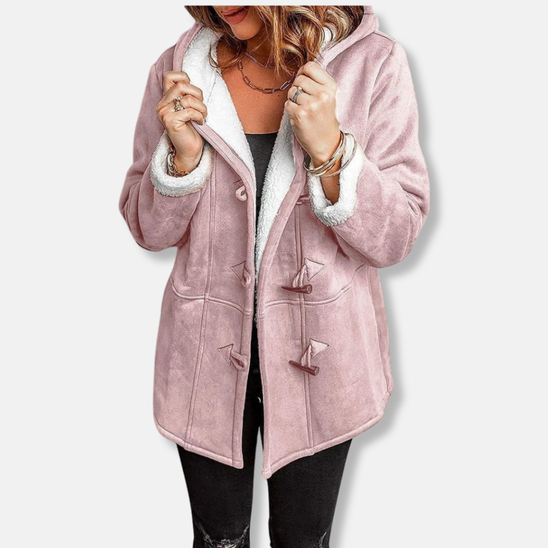 Women's Fleece Jacket - Relaxed Fit - Hood - Plush Lining - Mid-Length - Toggle Closure