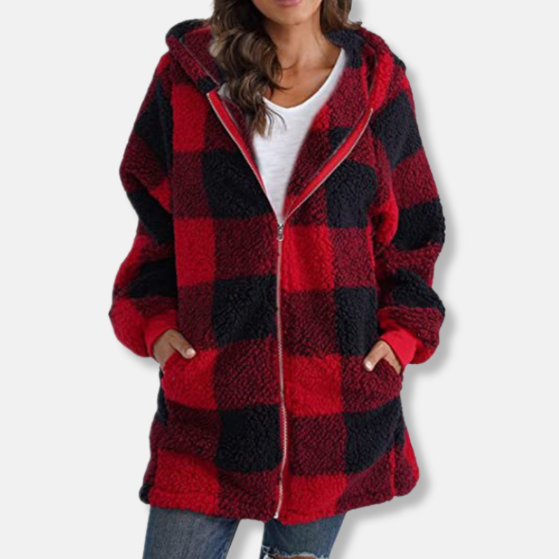 Ladies Hoodie – Oversized Fit – Soft Knit – Checked – With Hood and Zipper