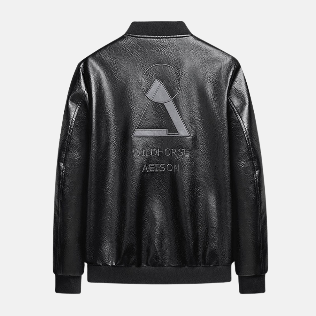 Men's Bomber Jacket – Faux Leather – Classic Fit – Embroidered Back Detail