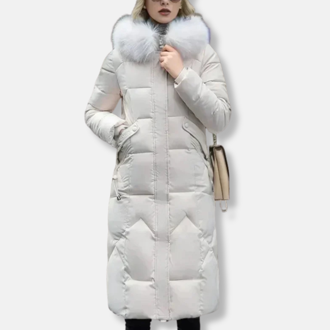 Women's Long Quilted Coat – Slim Fit – Removable Fur Collar – Full Coverage
