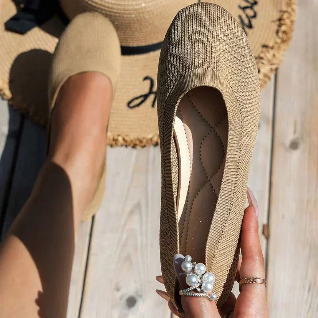 Dames Ballerina Schoenen - Elastisch Knit Materiaal - Comfortabel - Lage Instap Flat