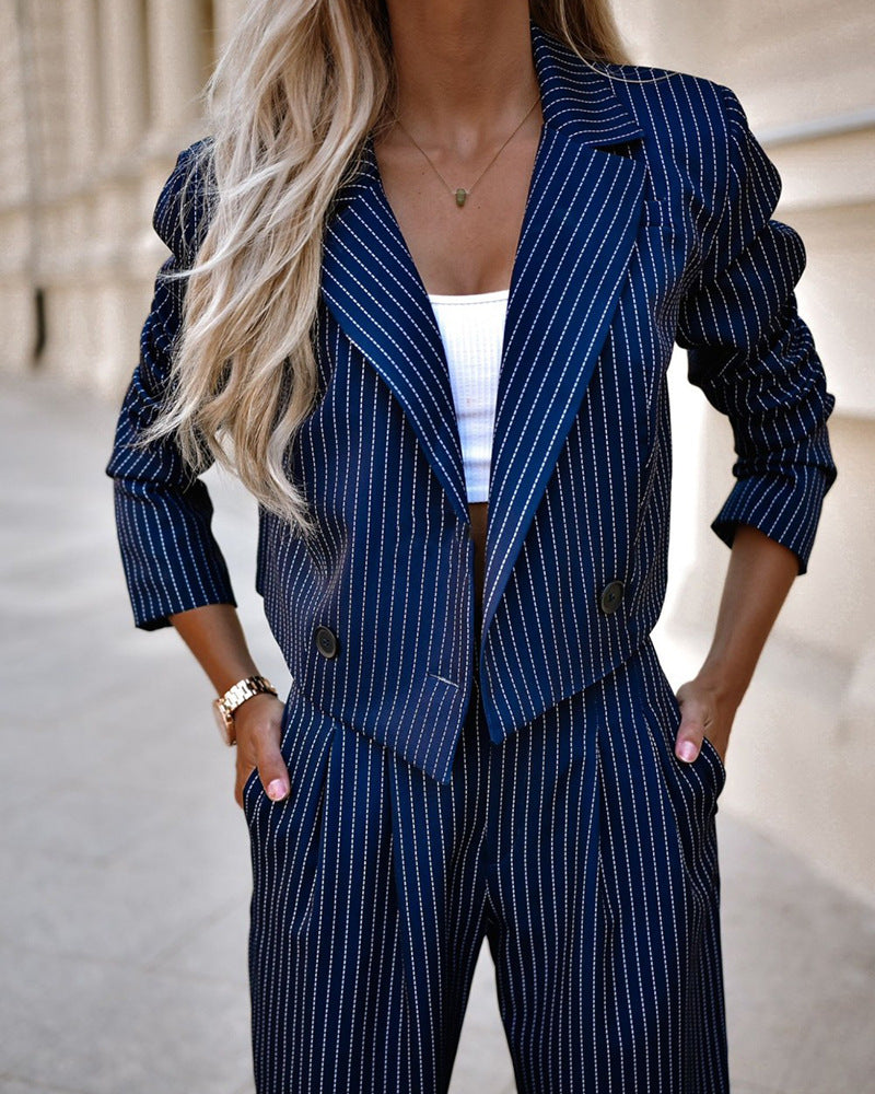 2-delige blazer en pantalon - gestreepte cropped blazer en wijde pantalon met hoge taille