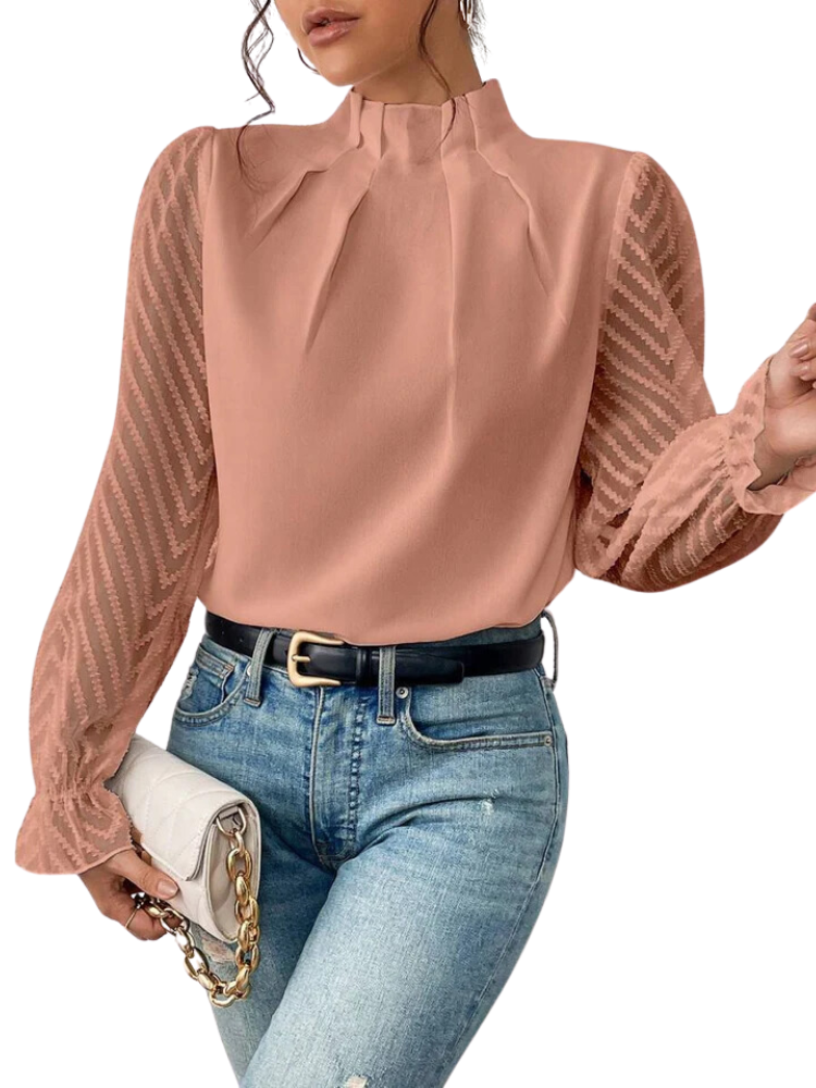 Dames Blouse - Hoge Rufflekraag - Plissé Voorzijde - Transparante Chevron Mouwen