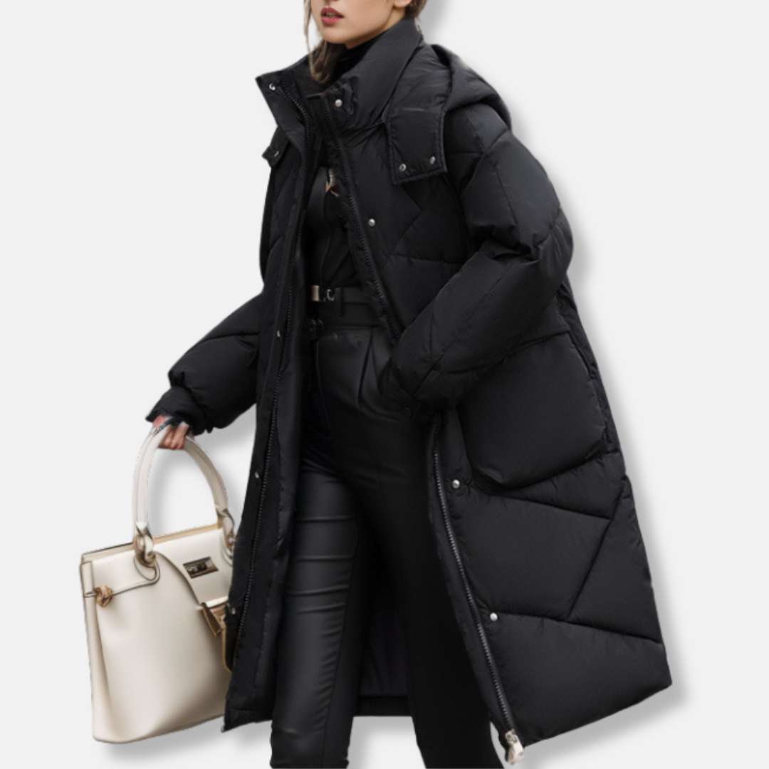 Women's Padded Jacket – Oversized Fit – Hood with High Collar – Adjustable Cuffs – Mid-length Model