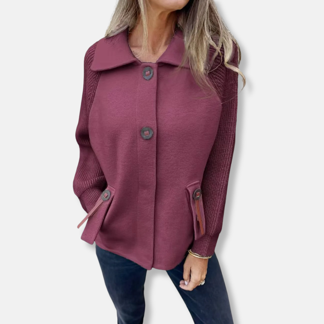 Women's Coat – Relaxed Fit – Knitted Sleeves – Notched Collar – Button Closure – Flap Pockets