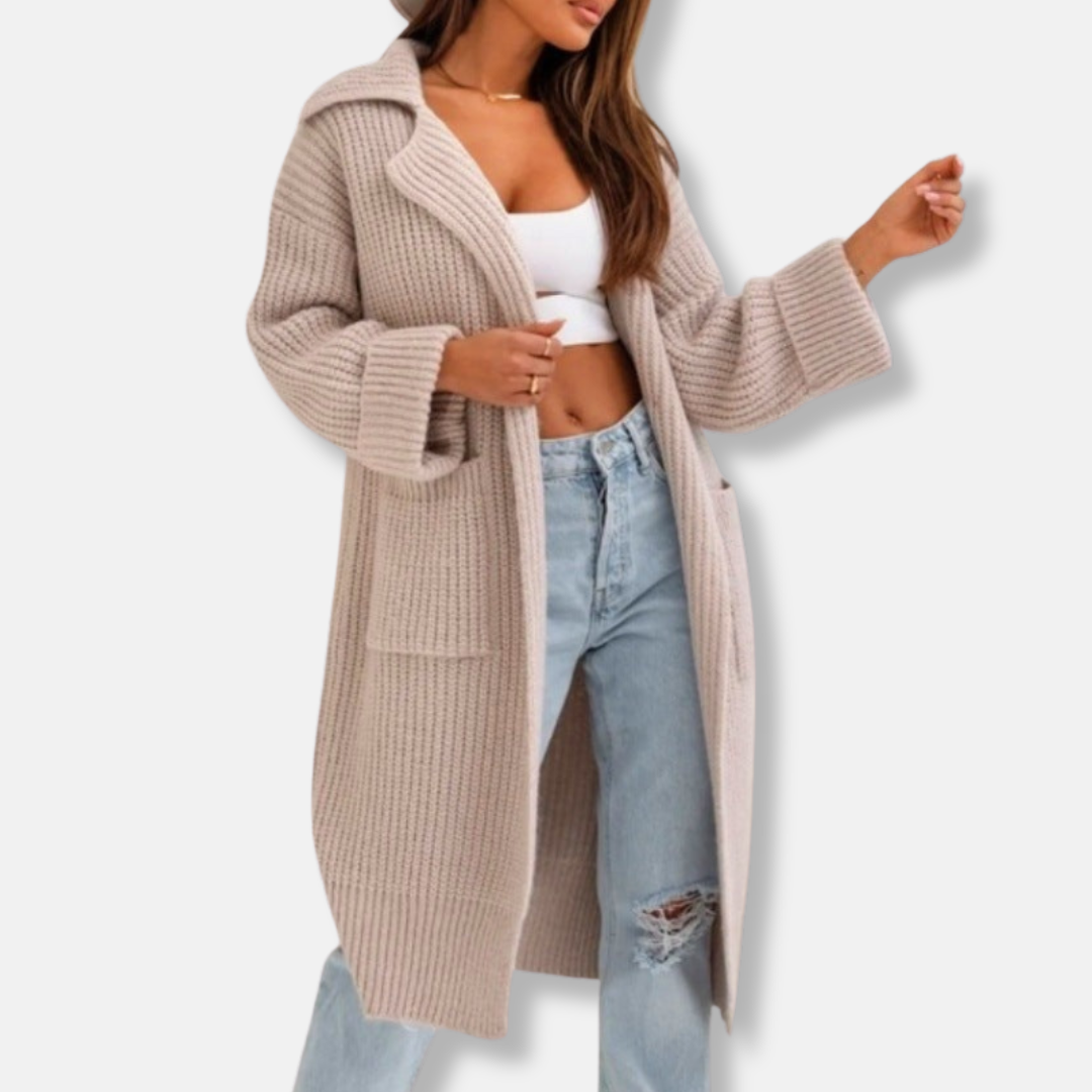 Women's Long Knitted Coat – Oversized Fit – Wool Blend – With Hood and Pockets